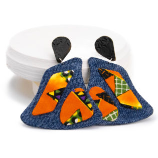 Leather stud earring with denim textile fabric